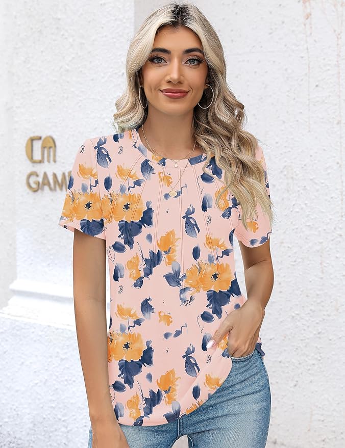 Kistore Womens Casual Crew Neck Short Sleeve Pleated Tops Blouses Fashion Clothes 2026