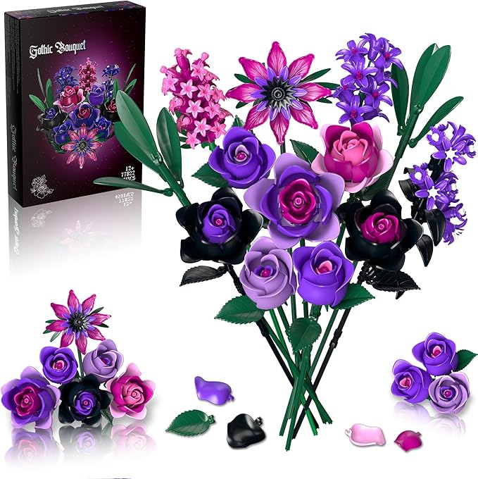 Teefrye Purple Rose Bouquet Building Set: Compatible with Lego Flowers for Adults Women Gothic Artificial Botanical Collection Halloween Christmas Valentine's Gifts Home Decor