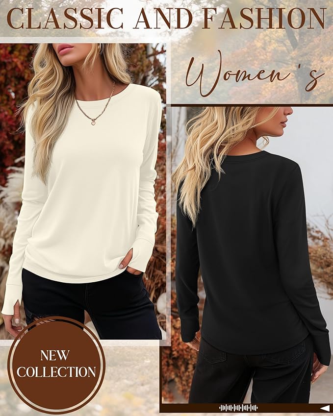 Huukeay 3 Pack Women's Long Sleeve Shirts with Thumb Holes, Cotton Casual Crew Neck Tunic Tops Fall Loose Y2k Trendy Outfits