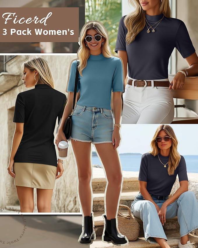 Ficerd 3 Pack Women's 1/2 Sleeve Mock Turtleneck Shirts, Elbow Length Shirt Half Sleeve Tunic Top Casual Summer Basic Tees