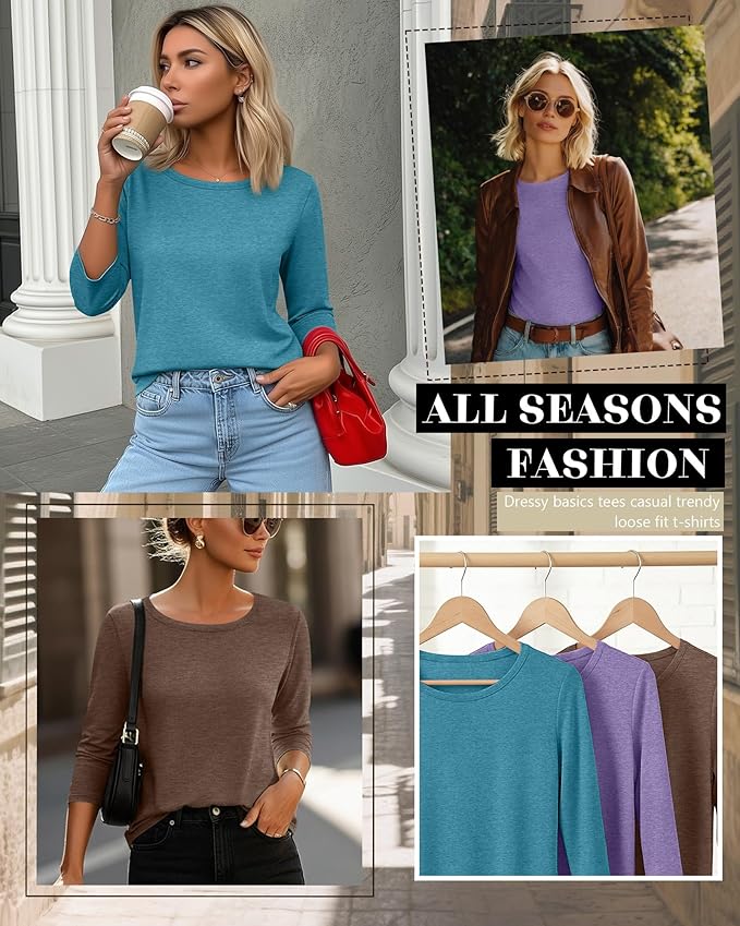 Ficerd 3 Pack 3/4 Sleeve Tops for Women Round Neck Dressy Basics Tees Casual Trendy Loose Fit T Shirts