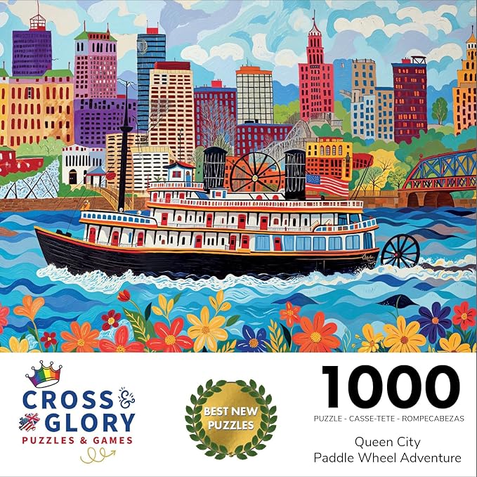 Cross & Glory – Jigsaw Puzzle for Adults 1000 Piece | Queen City Paddle Wheel Adventure | Whimsical Art Style | Vibrant Design | Satin Finish | 20x27 Inches