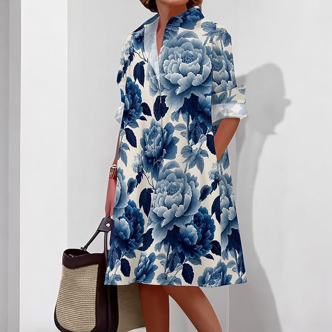 Shirt Dresses for Women 2025 Summer Long Sleeve Casual Plus Size Floral Printed Beach Vacation Dress with Pockets
