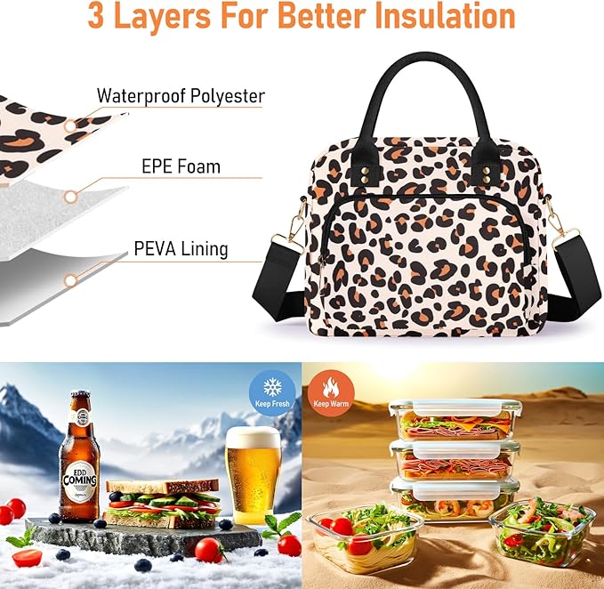 Lunch Bag Large Insulated Lunch Box for Women Adult Cute Lunchbox Lunch Bags Boxes Pail with Shoulder Strap for Work Mom Picnic Office Travel 11.4×6.8×9.1 inches 11.5L (Leopard)