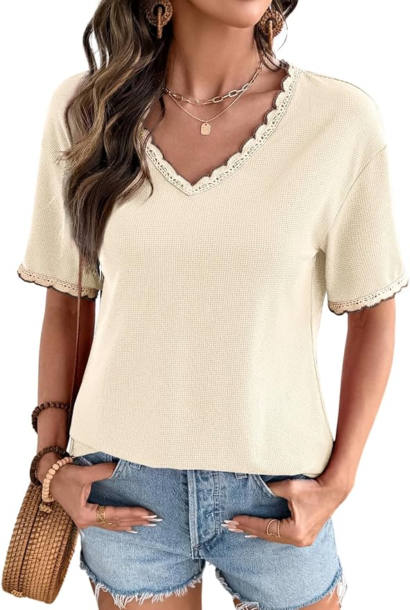 Dokotoo Womens Summer Tops Casual Short Sleeve Lace T-Shirts Solid V Neck Waffle Knit Shirts Blouses