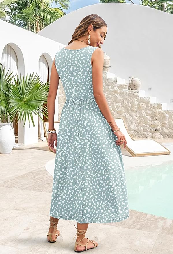 WNEEDU Women's Summer Maxi Dress 2026 Casual Sleeveless Hawaiian Sundress Tropical Long Dress Beach Vacation Outfit