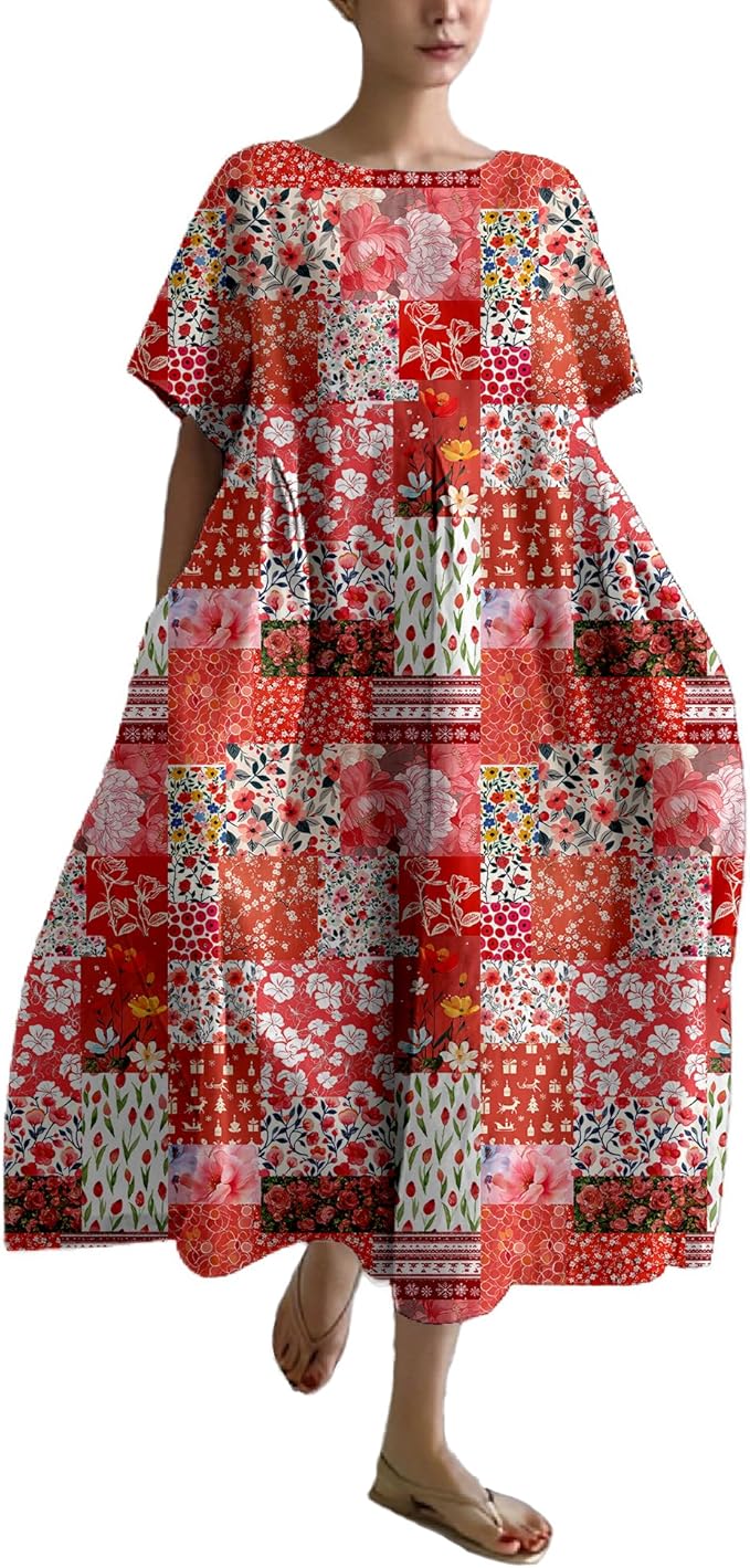 MARSVOVO Patchwork Flowy Dresses for Women Plus Size Loose Casual Tunic Dress Elegant Crewneck Maxi Dresses with Pockets