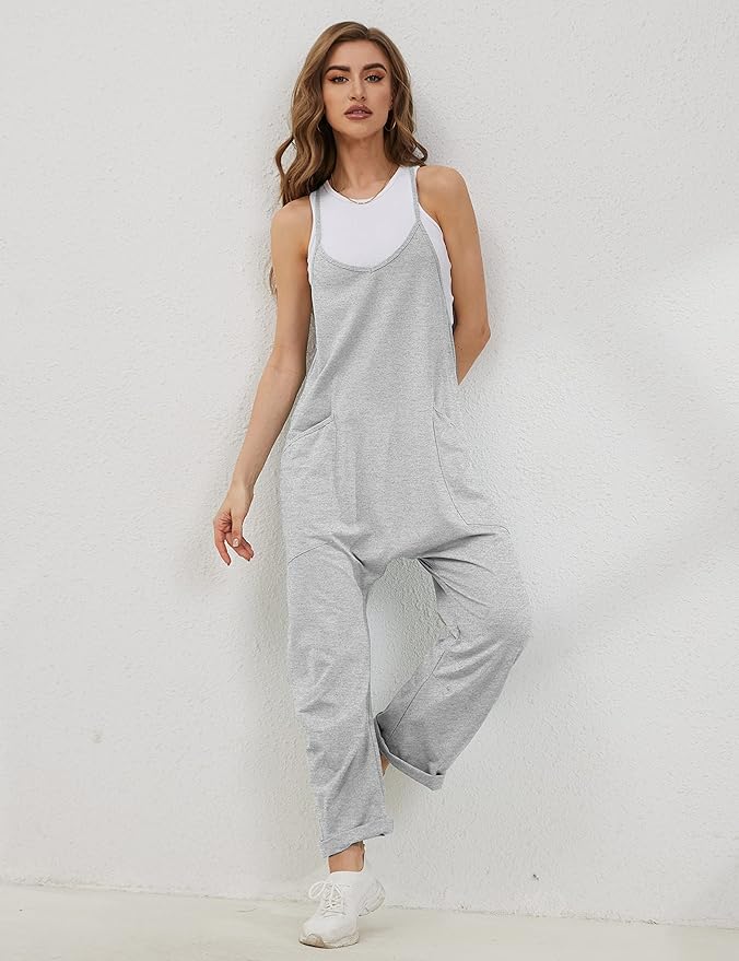 Lentta Women's Causal Jumpsuits V Neck Sleeveless Harem Overalls Stretchy Adjustable Strap Romper with Pockets