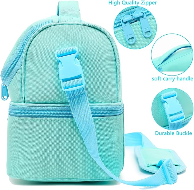 FlowFly Double Decker Cooler Insulated Lunch Bag Large Tote for Boys, Girls, Men, Women, With Adjustable Strap,Light Blue