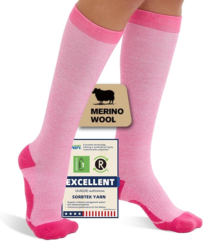 Merino Wool Compression Socks for Women Men, 15-20 mmHg Knee High Socks for Flying, Travel, Running