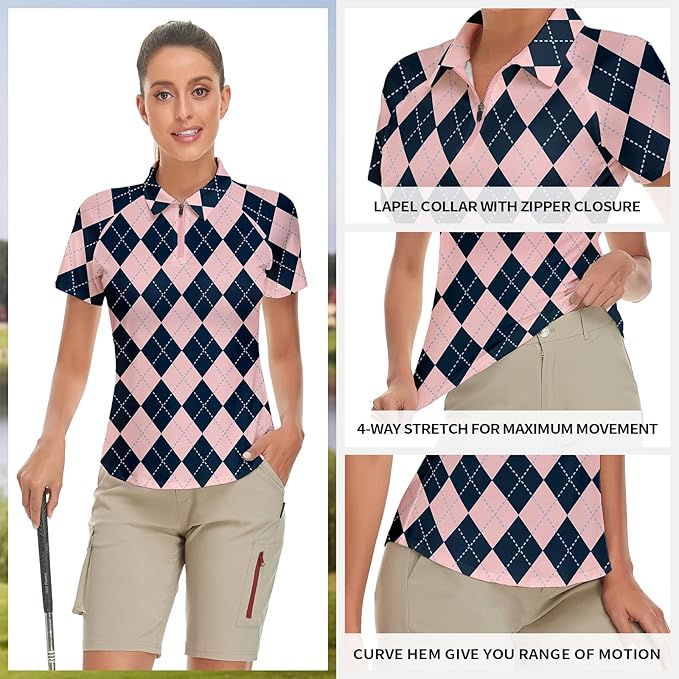Women's Golf Shirt Short Sleeve Tennis Shirt Quarter Zip Golf Pullover Golf Polo Shirts Argyle Tops