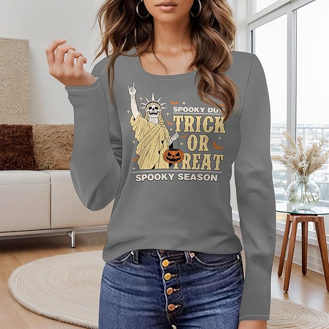 domirica Halloween Sweatshirts For Women Cute Pullover Fall Long Sleeve Pullover U-Neck Halloween Crazy Party Club Clothes