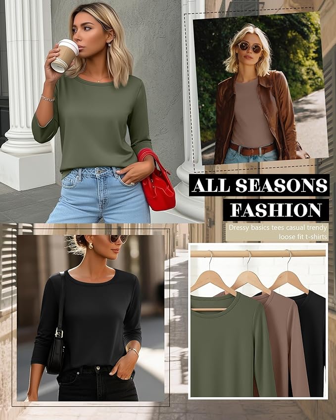 Ficerd 3 Pack 3/4 Sleeve Tops for Women Round Neck Dressy Basics Tees Casual Trendy Loose Fit T Shirts