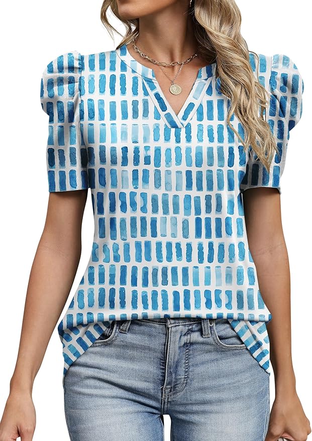 Lomon Spring Summer Tops for Women 2026 V Neck Puff Short Sleeve Tops Fashion Trendy Work Blouses Dressy Casual S-XXL