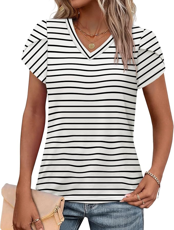 WIHOLL Womens Tops V Neck Summer Petal Sleeve Casual Tshirts