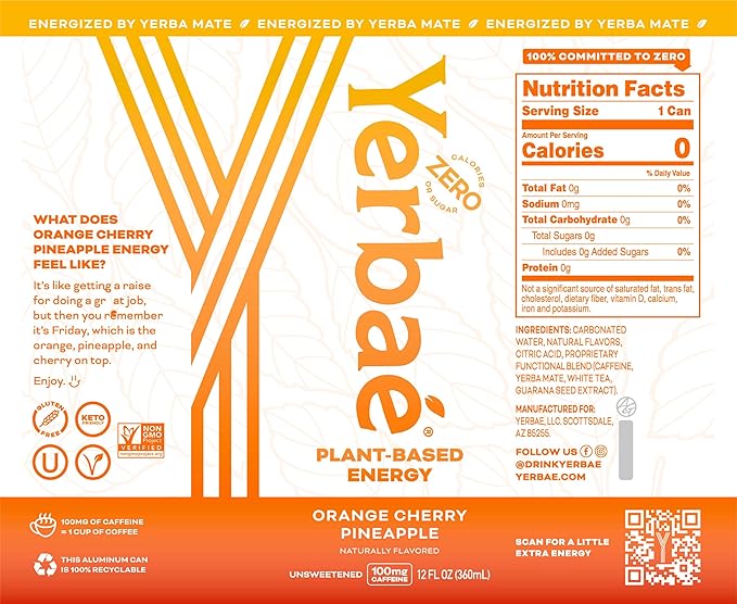 Yerbaé Energy Seltzer - Orange Cherry Pineapple No Sugar/Calories/Carbs. Energized by Yerba Mate, Naturally Caffeinated Plant-Based, Healthy Alternative to Coffee/Sugary Sodas, Pack of 12, 12oz cans