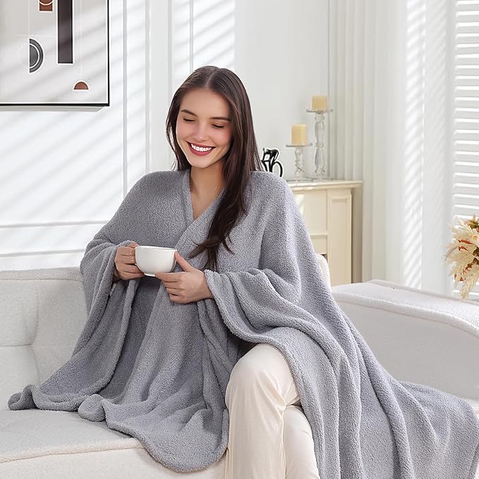 JOOJA Wearable Blanket Super Soft Feather Yarn Blanket Shawl with Pockets Fuzzy Throw Blanket TV Blanket for Adults Teens