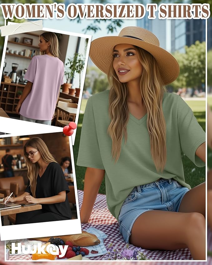 Huukeay Women's Cotton Oversized T Shirts 3 Pack V Neck Loose Fit Half Sleeve Tops Baggy Casual Summer Gym Workout Tees 2026