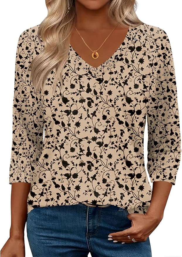 Zeagoo 3/4 Length Sleeve Womens Tops Casual V Neck Shirts Soft Basic Tees Business Work Blouses