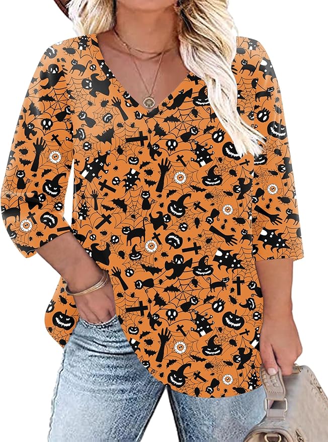 TFSDOD Womens Plus Size Tops V Neck T Shirts 3/4 Sleeve Blouse Summer Casual Tees XL-5X