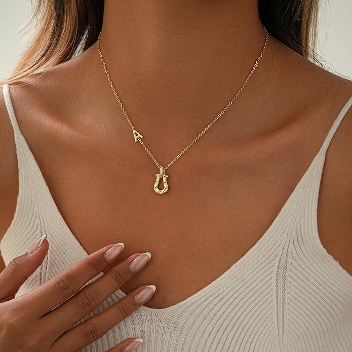 ITS4YEO Valentines Day Gifts for Women Hers, Lucky Horseshoe Initial Necklace, Dainty 14K Gold Plated Pendant Necklace, Trendy Hypoallergenic Jewelry, Gifts for Women and Teen Girls