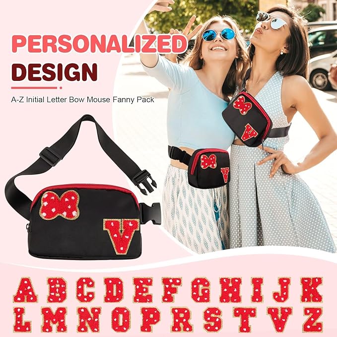 Initial Letter Bow Mouse-Ear Fanny Pack for Teen Girls,Cute Chenille Belt Bag Crossbody Travel Waist Pack for Women&Kids,Personalized Gift for Theme Park,School & Travel, Birthday Christmas(V)