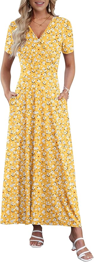 AUSELILY Maxi Dresses for Women Ankle Length Floral Print Beach Long Flowy Dress with Pockets