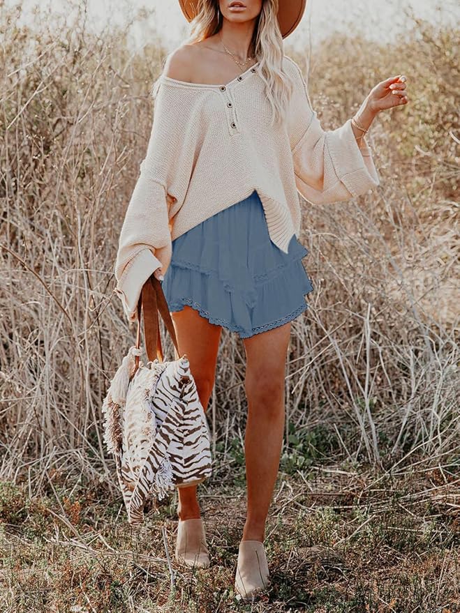 Aoudery Flowy Shorts for Women Casual Boho Ruffle Tiered Skorts High Waist Mini Skirts Golf Tennis Crochet Shorts
