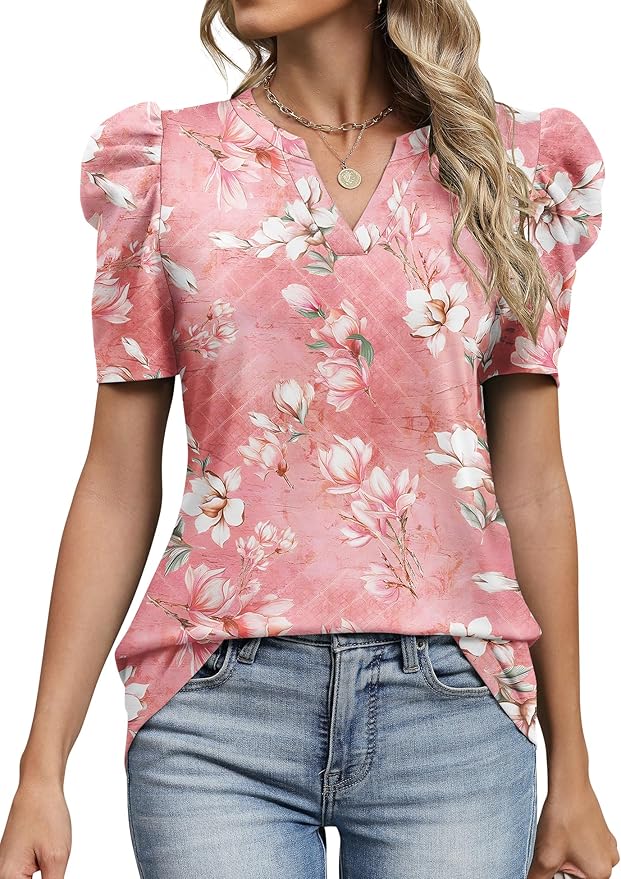 Lomon Spring Summer Tops for Women 2026 V Neck Puff Short Sleeve Tops Fashion Trendy Work Blouses Dressy Casual S-XXL