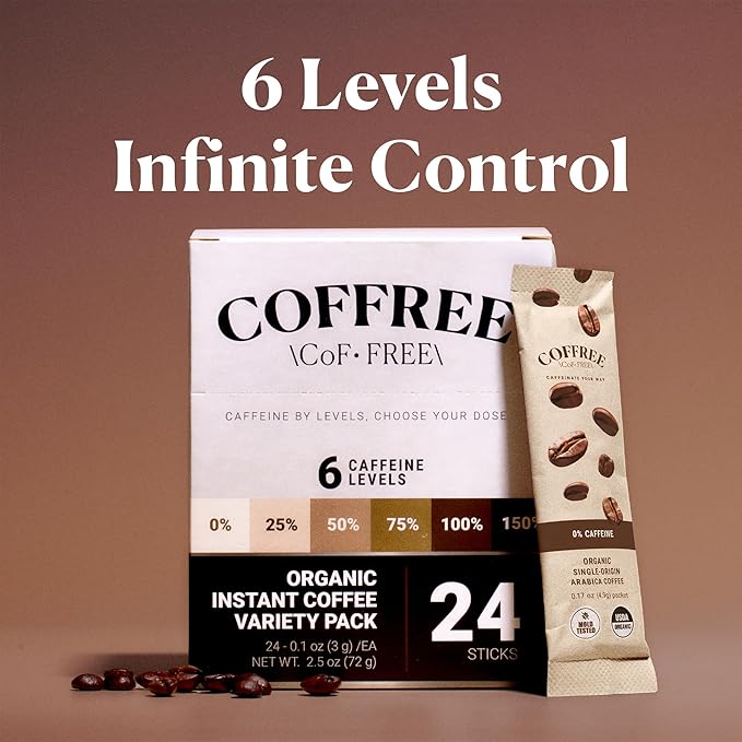 COFFREE Organic Instant Coffee Packets Variety Pack - Convenient Single Serve Coffee Sticks, Mold Free, Low Acid Arabica for On-the-Go Energy - 0–150% Caffeine Options for Hot or Cold Brew - 24 Count