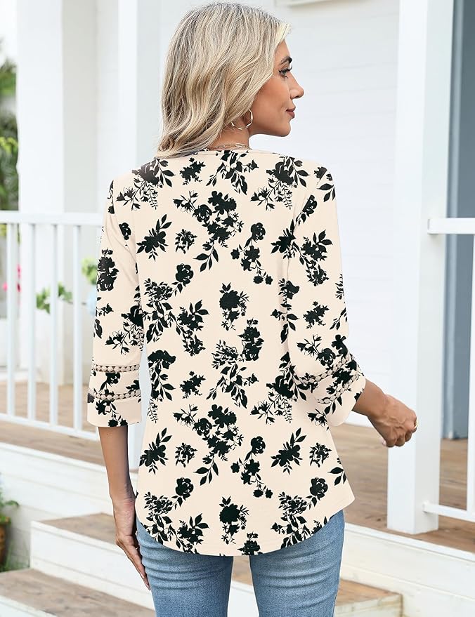 Ivicoer 3/4 Length Sleeve Womens Tops V Neck Lace Embroidered Summer Blouses Loose Fit Tunic Dressy Casual