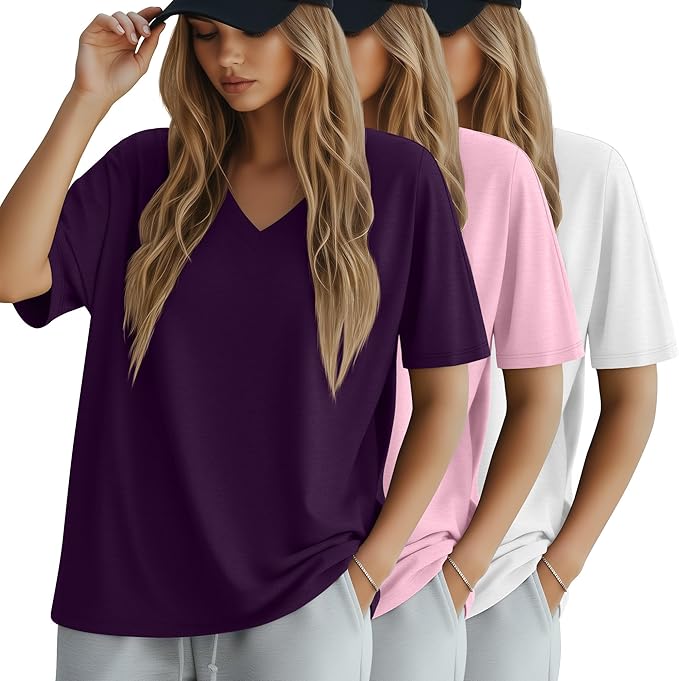Huukeay Women's Cotton Oversized T Shirts 3 Pack V Neck Loose Fit Half Sleeve Tops Baggy Casual Summer Gym Workout Tees 2026