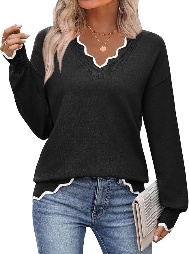 Zeagoo Women's 2026 Fall V Neck Sweater Casual Long Sleeve Lightweight Ribbed Knit Pullover Sweaters Dressy Casual Tops