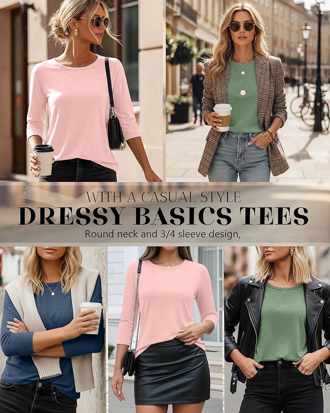 Ficerd 3 Pack 3/4 Sleeve Tops for Women Round Neck Dressy Basics Tees Casual Trendy Loose Fit T Shirts