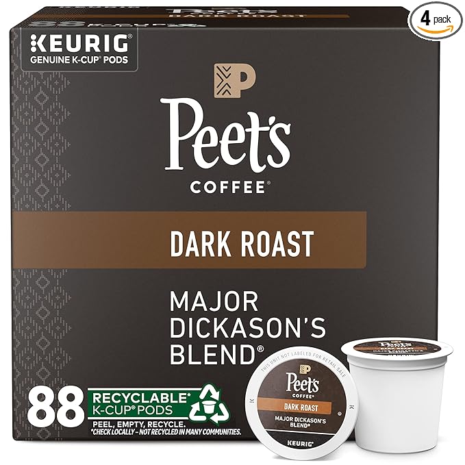 Peet's Coffee, Dark Roast Keurig K-Cup Pods - Major Dickason's Blend 88 Count (4 Boxes of 22 K-Cup Pods)
