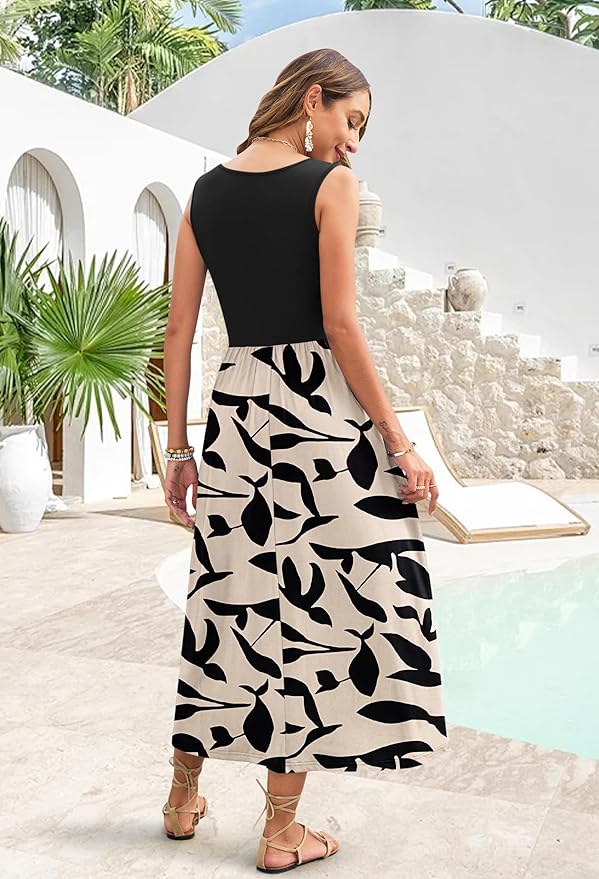 WNEEDU Women's Summer Maxi Dress 2026 Casual Sleeveless Hawaiian Sundress Tropical Long Dress Beach Vacation Outfit