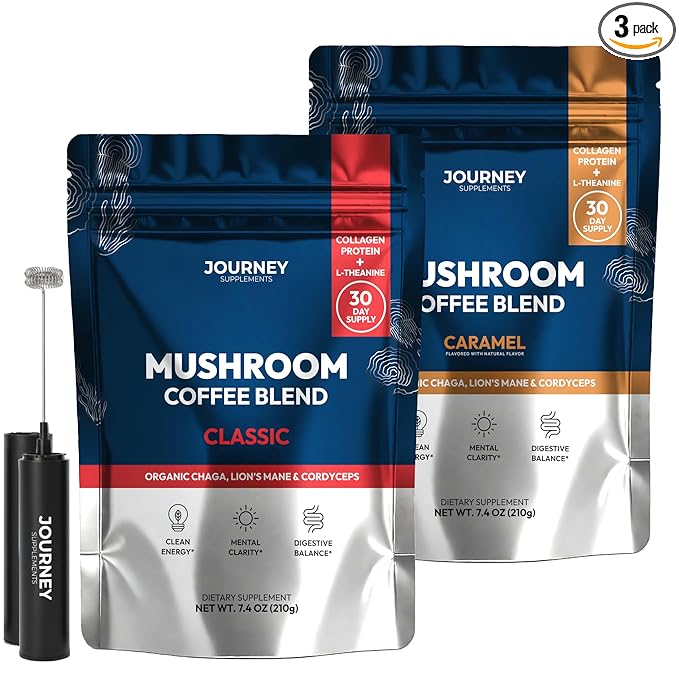 Mushroom Coffee with Collagen Bundle – Classic & Caramel Flavors (60 Servings Total) + Frother – Adaptogenic Coffee with Lion’s Mane, Chaga & Cordyceps