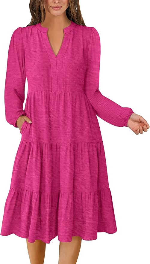 ANRABESS Womens Fall Midi Dresses Long Sleeve V Neck Swing Tiered Work Business Casual 2026 Flowy Beach Vacation Dress