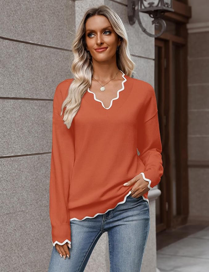 Zeagoo Women's 2026 Fall V Neck Sweater Casual Long Sleeve Lightweight Ribbed Knit Pullover Sweaters Dressy Casual Tops