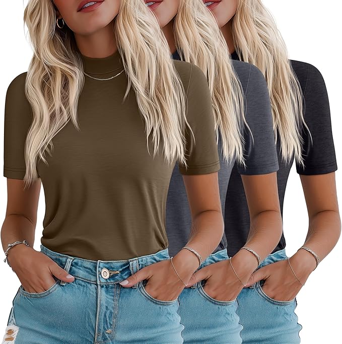 Ficerd 3 Pack Women's 1/2 Sleeve Mock Turtleneck Shirts, Elbow Length Shirt Half Sleeve Tunic Top Casual Summer Basic Tees