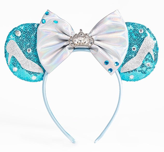 WW-WONDERFULWORLD Shiny Mouse Ears Headbands With Grey Bows & Crown & Sequin, for Mermaid Cinderella Costume Cosplay Glitter Party, Blue; 2GGX