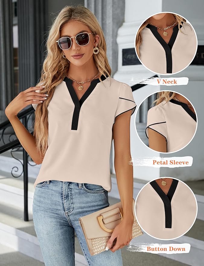 Blooming Jelly Women's Dressy Casual Tops Business Work Blouses White Button Down Shirts Cap Sleeve V Neck Tshirt