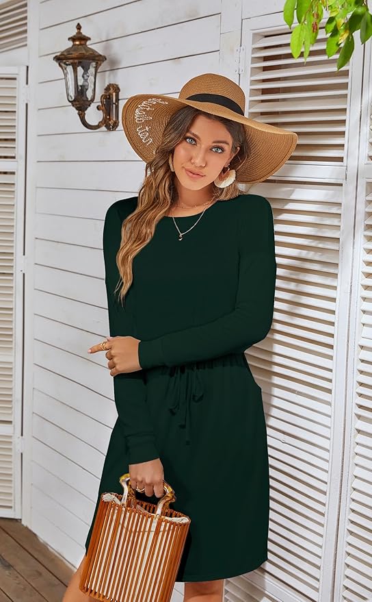 Simier Fariry Womens Spring Hide Belly Knee Length Travel Dress Pocket Summer Short Sleeve Midi Work Casual Outfits
