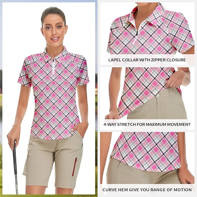 Women's Golf Shirt Short Sleeve Tennis Shirt Quarter Zip Golf Pullover Golf Polo Shirts Argyle Tops