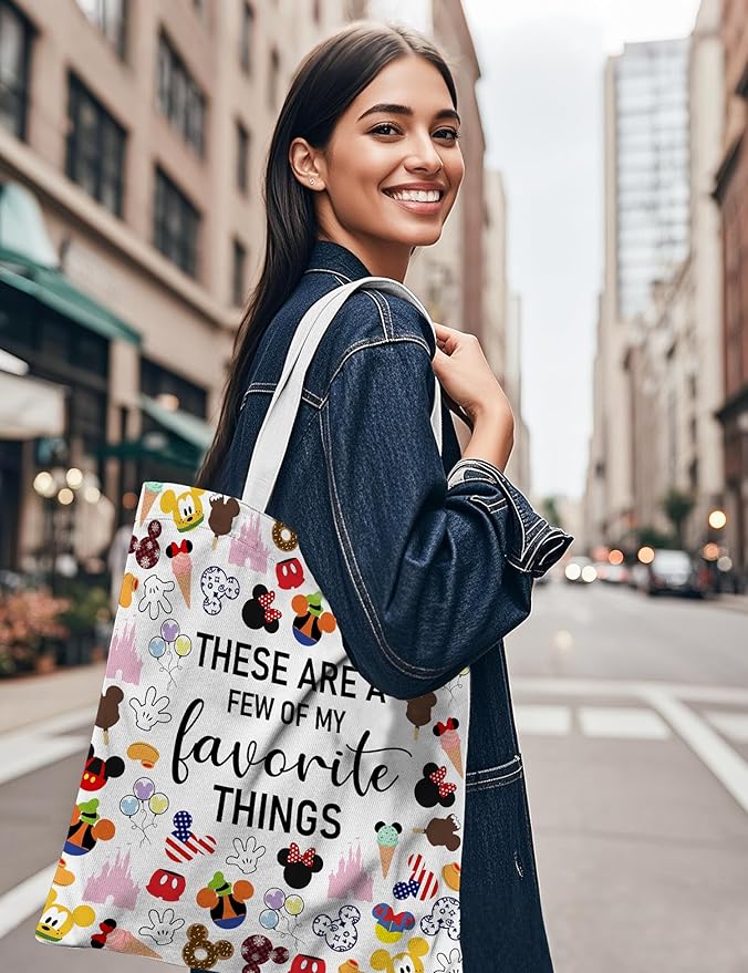 CEASQVAA Vacation Trip Gift Fairytale Fans Canvas Tote Bag Mouse Family Trip Snacks Tote Bag Magic Kingdom Gift Mouse Favorite Things Reusable Grocery Bag for Casual Shopping Travel