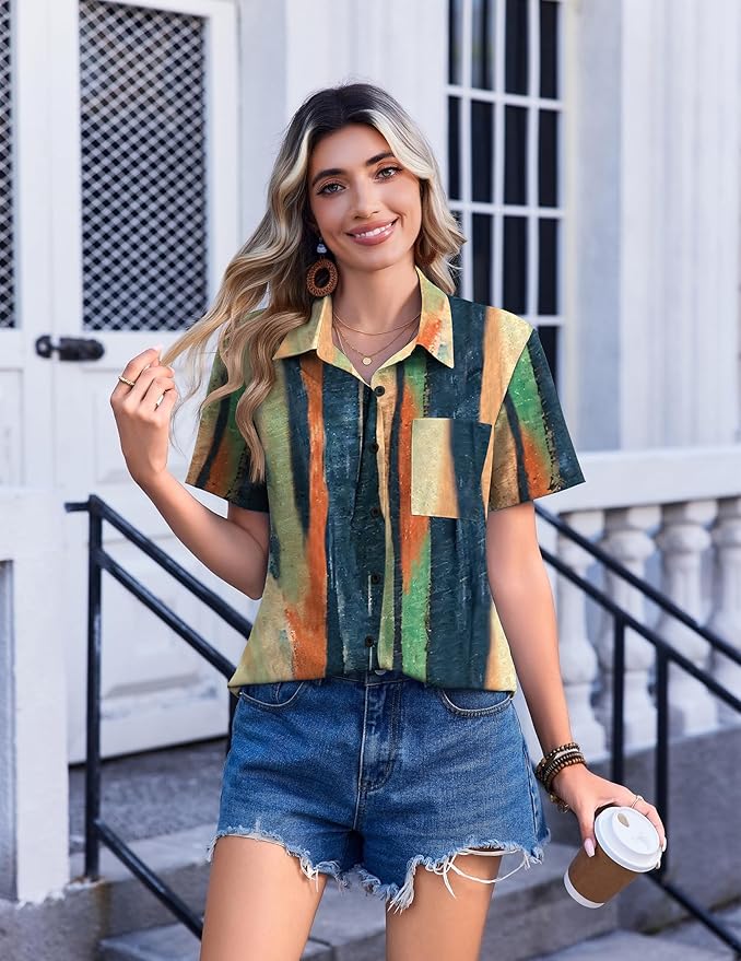 Zeagoo Womens Button Down Shirt Bust Pocket Short Sleeve Blouses Business Casual Work Tops Summer Outfits