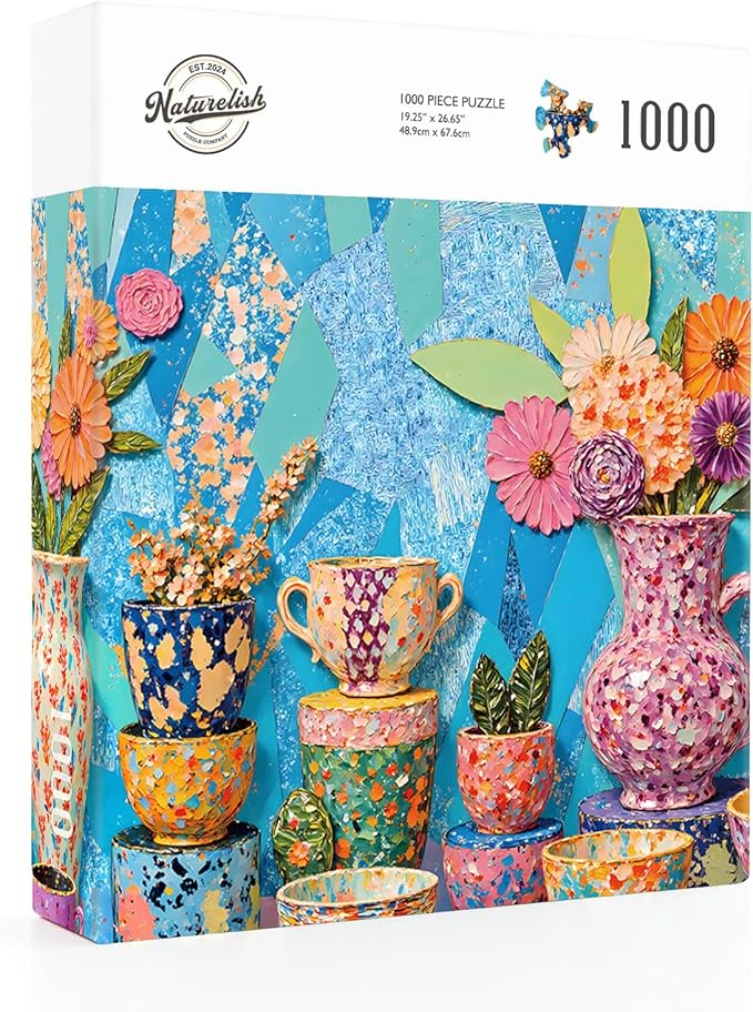 Naturelish Vibrant Teapot Ceramic Collage Jigsaw Puzzles for Adults 1000 Pieces, Irregularly Shaped Difficult Puzzles Perfect for Game Night, Great Gift Idea, Size 26.65 x 19.25 in