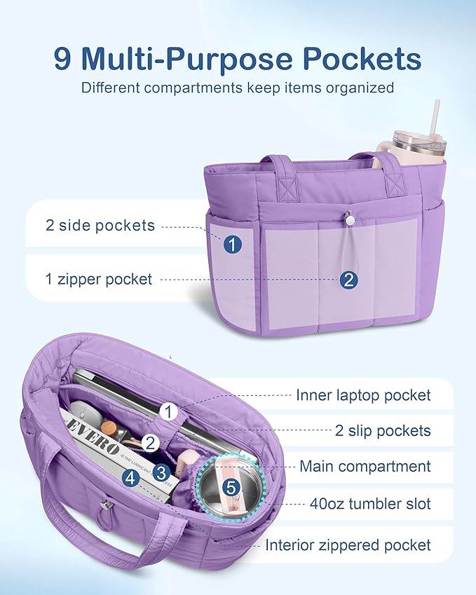 TOPDesign Puffy Tote Bag for Women with Cup Holder & Laptop Compartment & Cosmetic Bag & Trolley Sleeve for Work, Travel