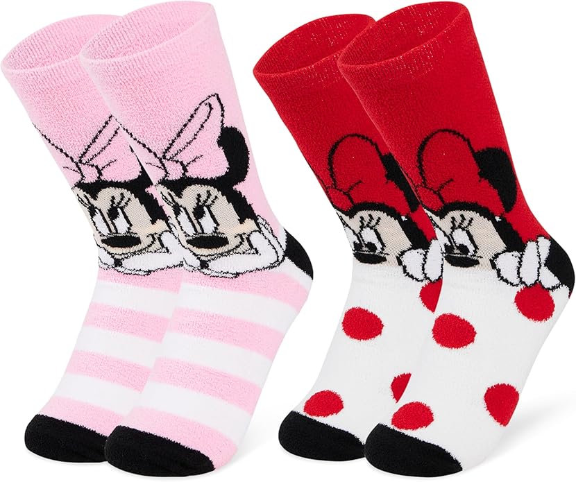 Disney Slippers Socks for Women & Teens US Size 4-9, Pack of 2 Non Slip Fleece Winter Socks, Soft & Fluffy, Gifts for Her
