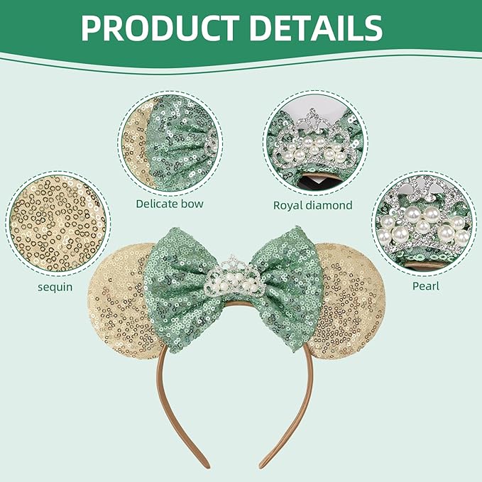 Seamoy Sequin Mouse Ears Headband, Tiana Rose Gold Mice Ears Hairband, Park ears Princess, Sparkle Silver Blue Classic Red Hair Accessory for Women Girls (Rose Gold Tiana)
